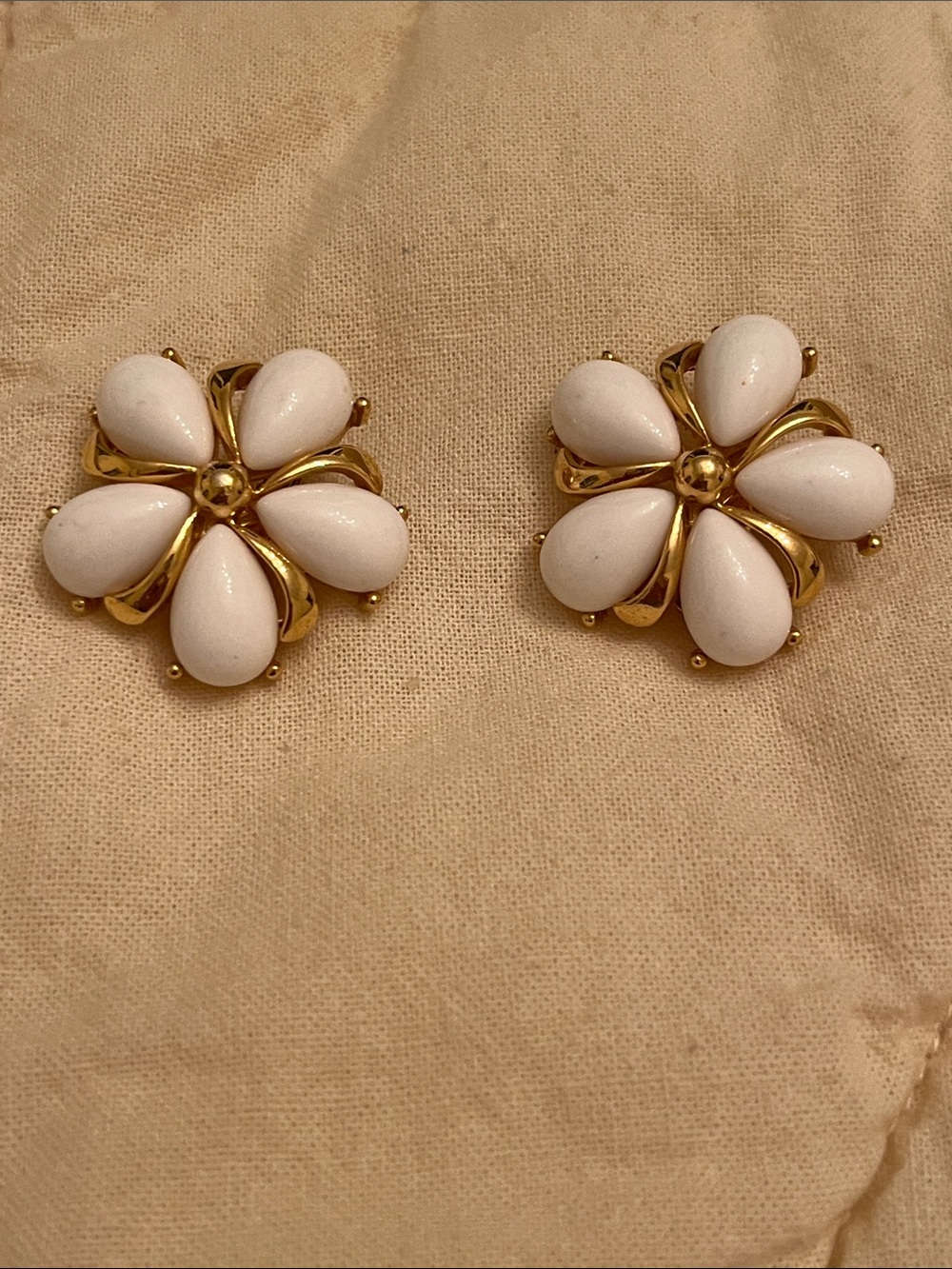 Trifari Gold-Tone Floral Clip-On Earrings with White Petal Accents